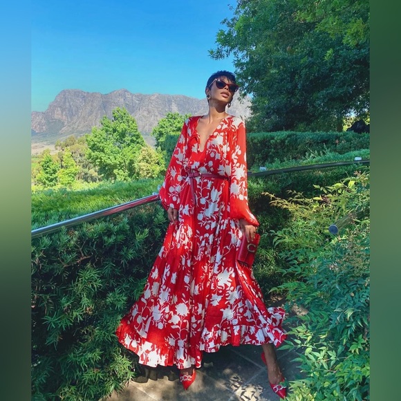 JOHANNA ORTIZ x H&M Voluminous Satin Maxi Dress in Red/Wild Roses - Picture 11 of 16